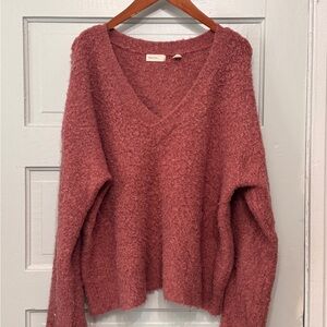 Anthropologie Pink V-Neck Sweater Plush Knit